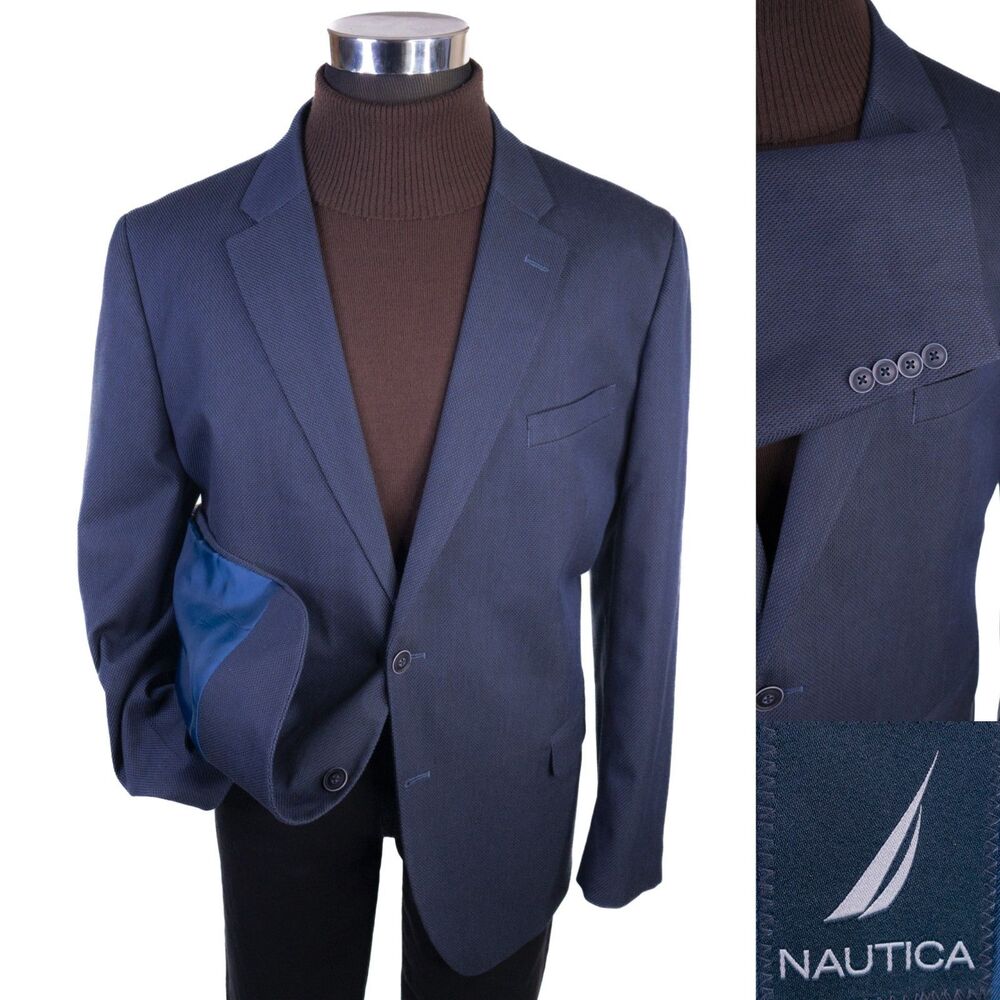 Nautica Blazer Spor Coat Sz 48R Blue Cotton Blend Textured 2-Button Jacket EUC